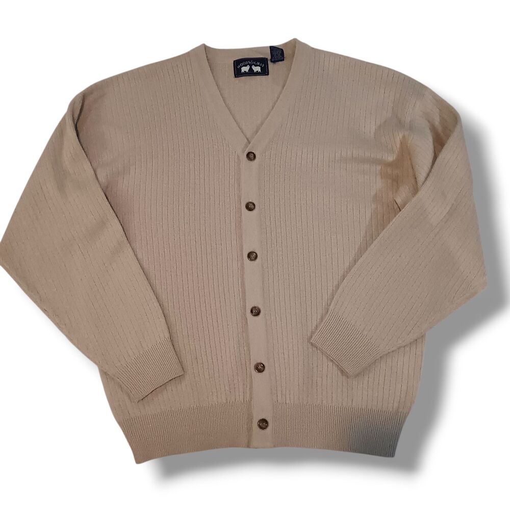 Vintage Woods & Gray Button Front Cardigan-Large-Wool Blend-Tan-Grandpacore-80s